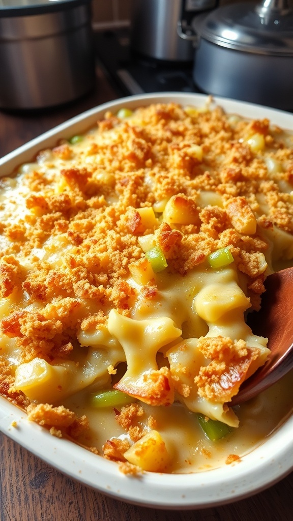 Three Onion Casserole Recipe A golden brown three onion casserole with layers of onions and cheese, served in a rustic dish.